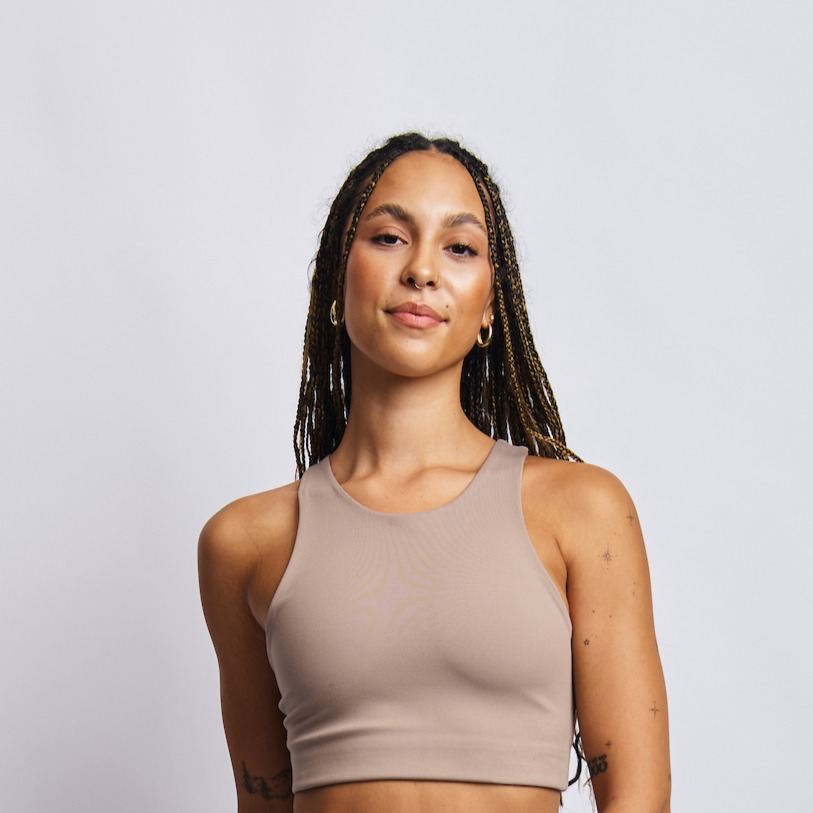 Ecomoss High Neck Racerback Bra, Desert Clay