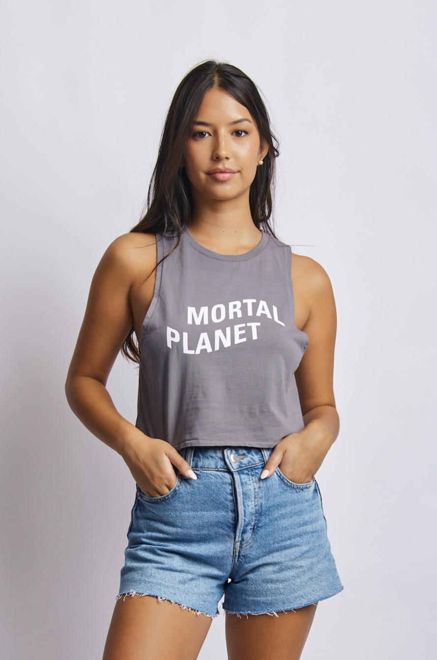 Mortal Planet Midweight Cropped Tank, Gravel Grey