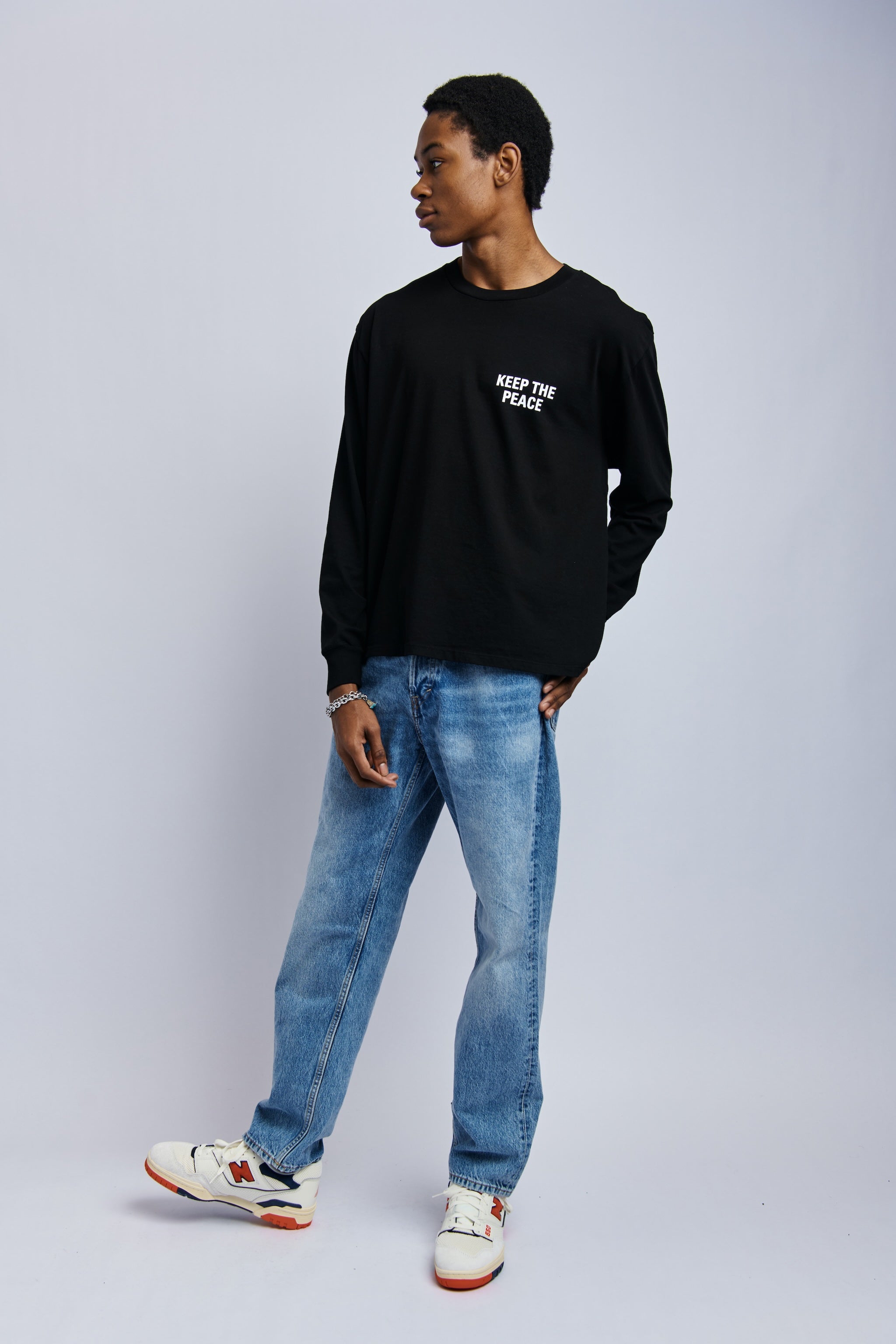 トップス peace Men's Organic Cotton Long Sleeve - Black, Relaxed Fit, GOTS