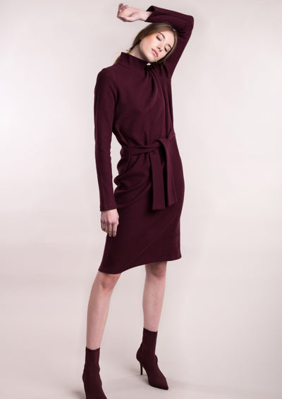 Soft Corduroy High Neck Dress, Burgundy by Mila Vert - Sustainable