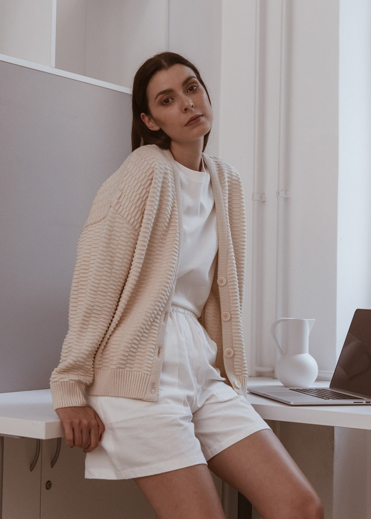 Knitted Relief Button-Down Cardigan, Cream by Mila Vert - Environmentally Friendly 