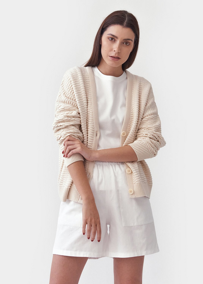 Knitted Relief Button-Down Cardigan, Cream by Mila Vert - Sustainable 