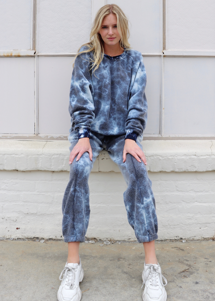 Plush Crewneck Pullover, Tie Dye Blue by People Of Leisure - Eco Friendly 