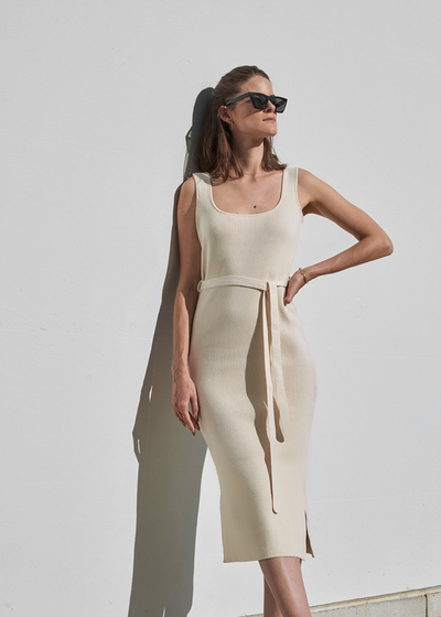 Knitted Scoop Neck Dress, Cream by Mila Vert - Sustainable 