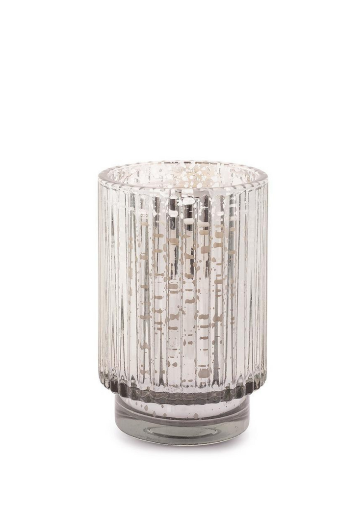 Silvery Mercury Tall Ribbed Glass Candle 12 OZ, Cypress Fir Holiday by Paddywax - Sustainable